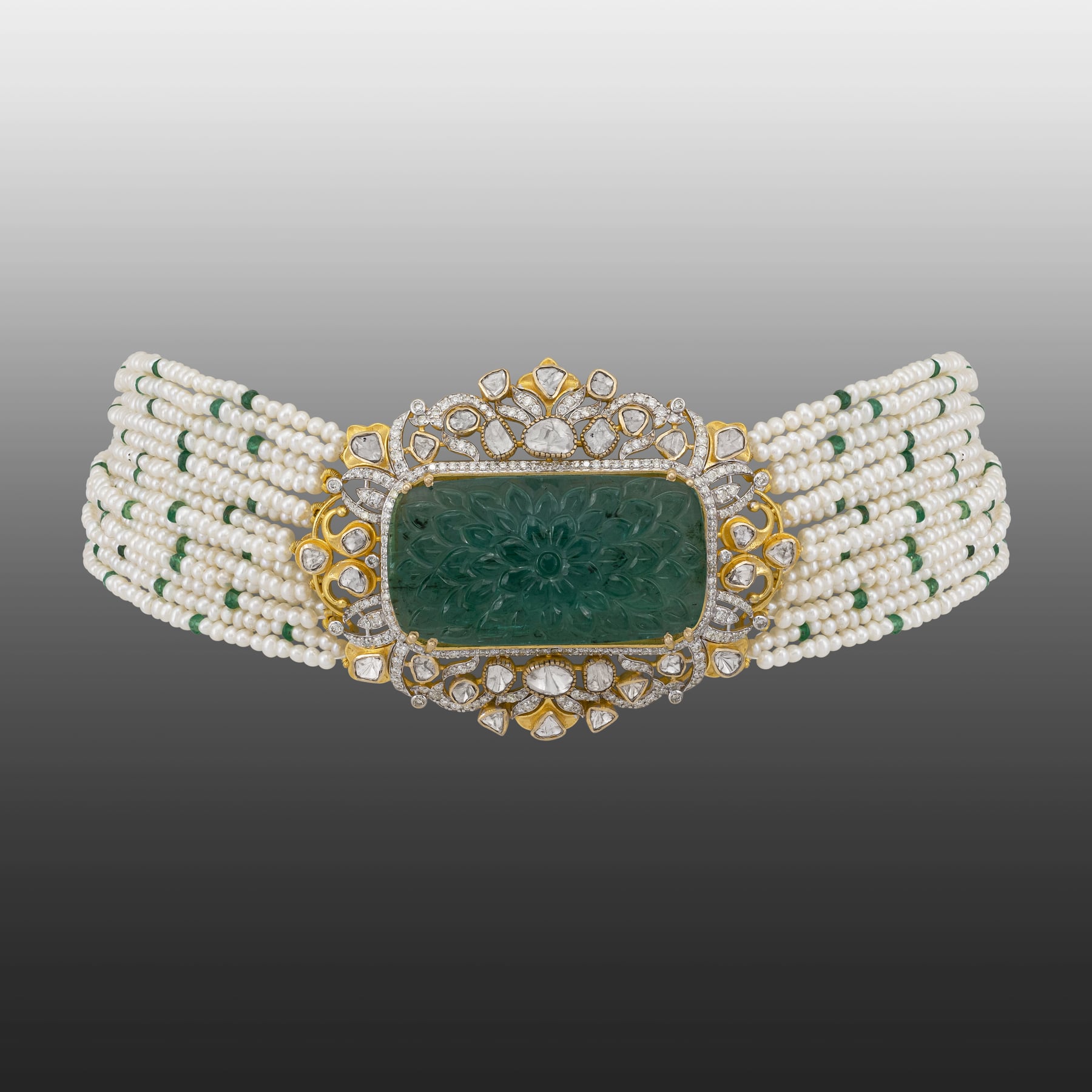 Carved Green Stone Polki Choker with Pearl Strands